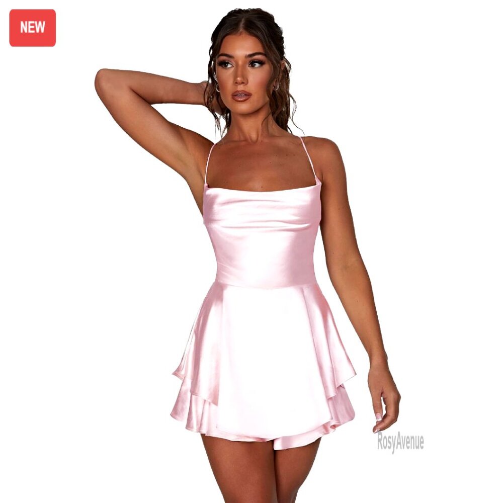 Satin Spaghetti Strap Romper Dress Backless Low Cut Party Jumpsuit